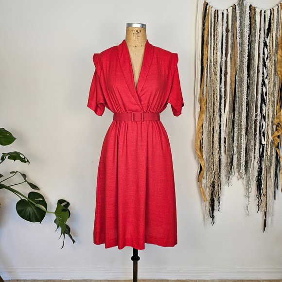 80's Vintage Red Midi Dress with Belt _ Rhodes Collections Inc - Picture 8 of 9